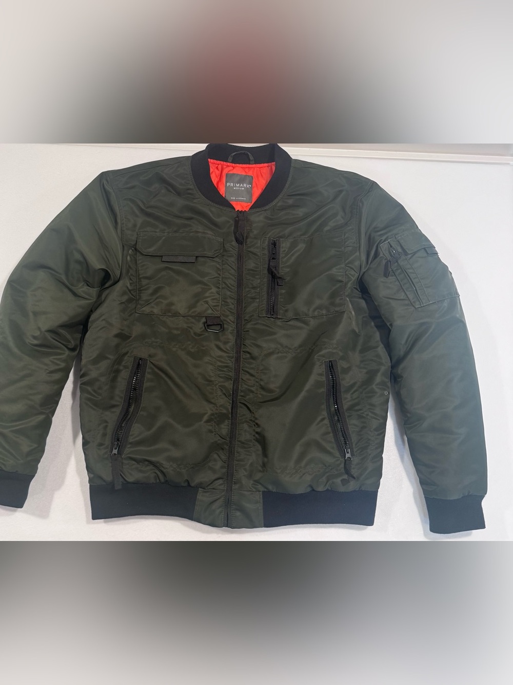 Primark Men's Dark Green Bomber Jacket with Orange Lining